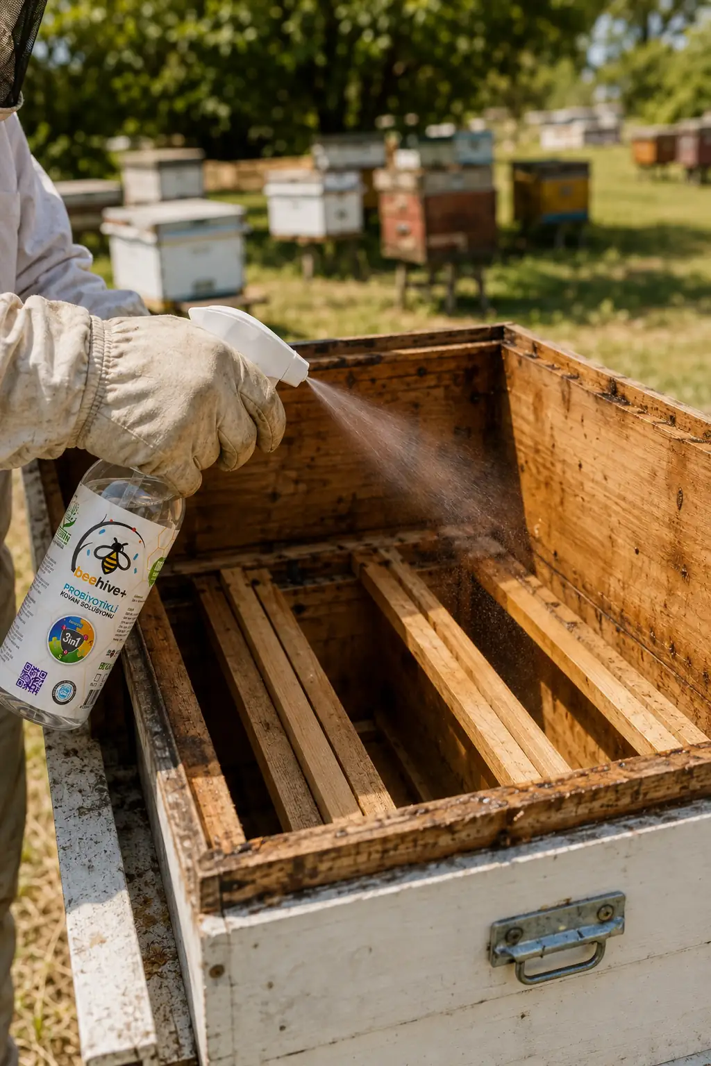 Boş ahşap kovanın iç yüzeyine BeeHive+ solüsyonu püskürtülmesi