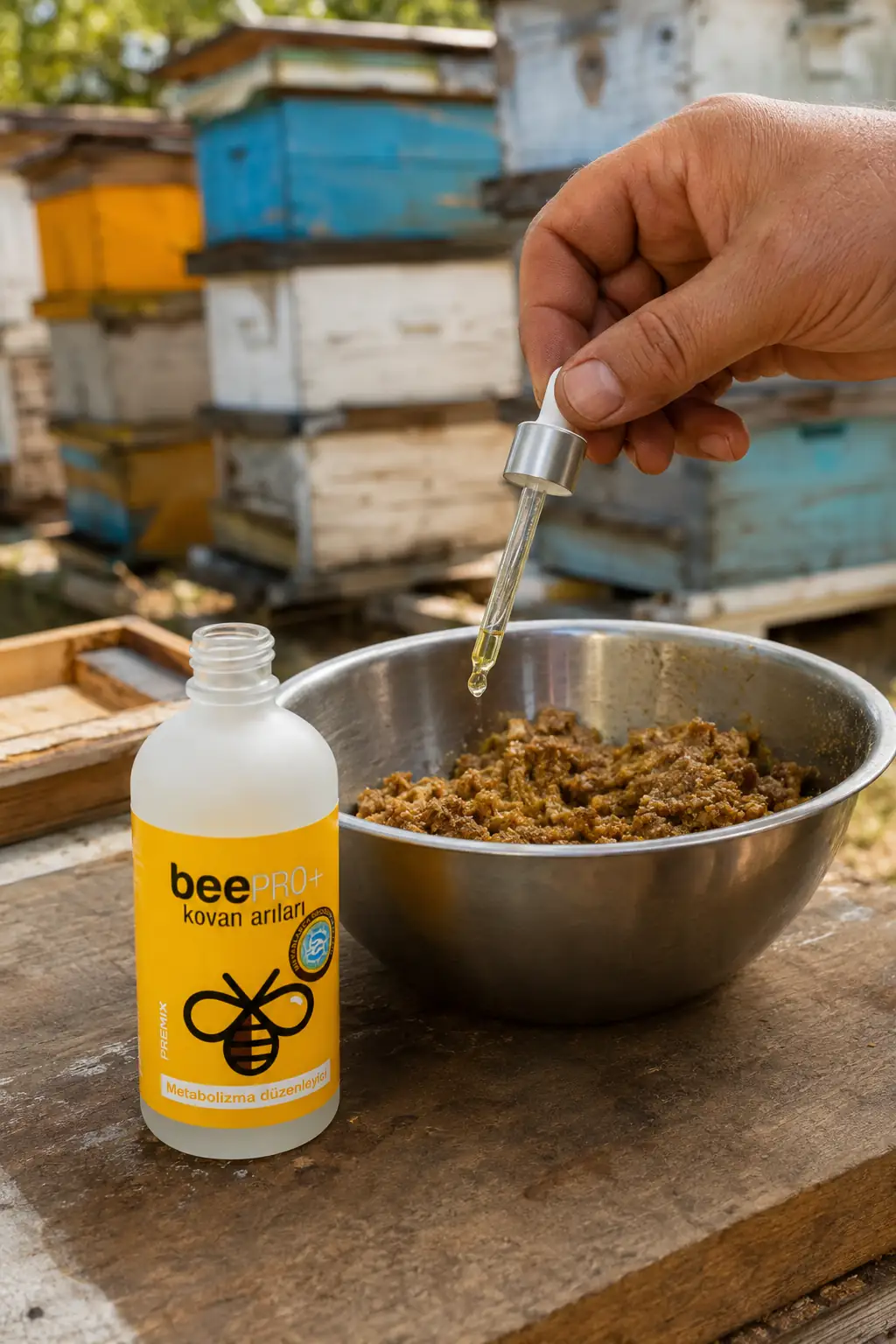 BeePRO+ damlalığından çelik kaptaki arı kekine probiyotik damlatılması