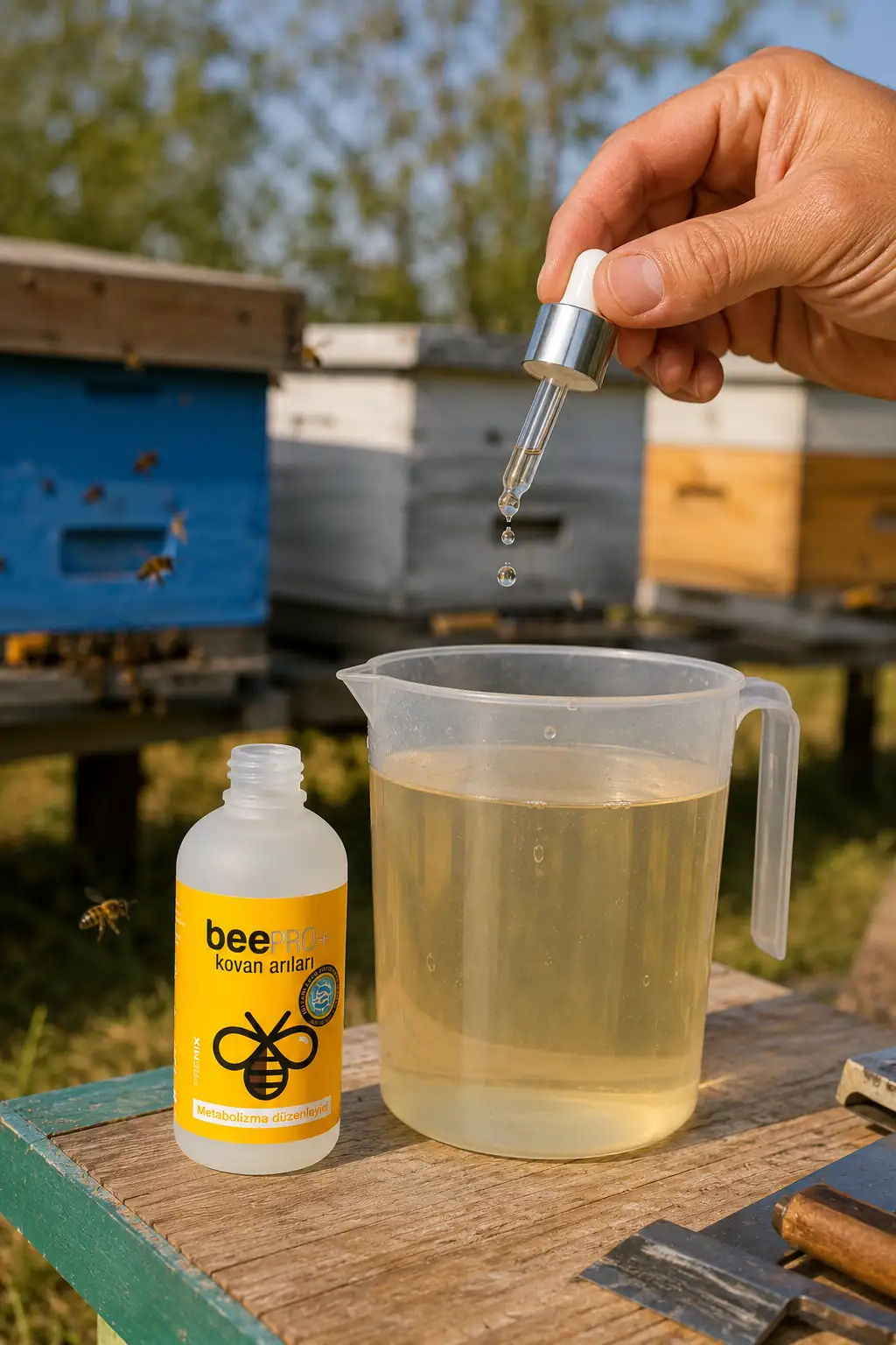 BeePRO+ damlalıklı şişeden ölçü kabındaki şuruba probiyotik damlatılması